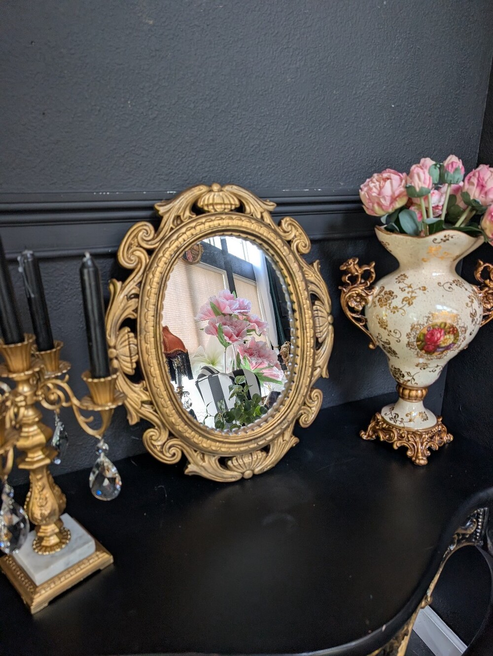 Vintage Ornate Gold Chalkware Oval Mirror, Hollywood Regency Baroque Style 19"